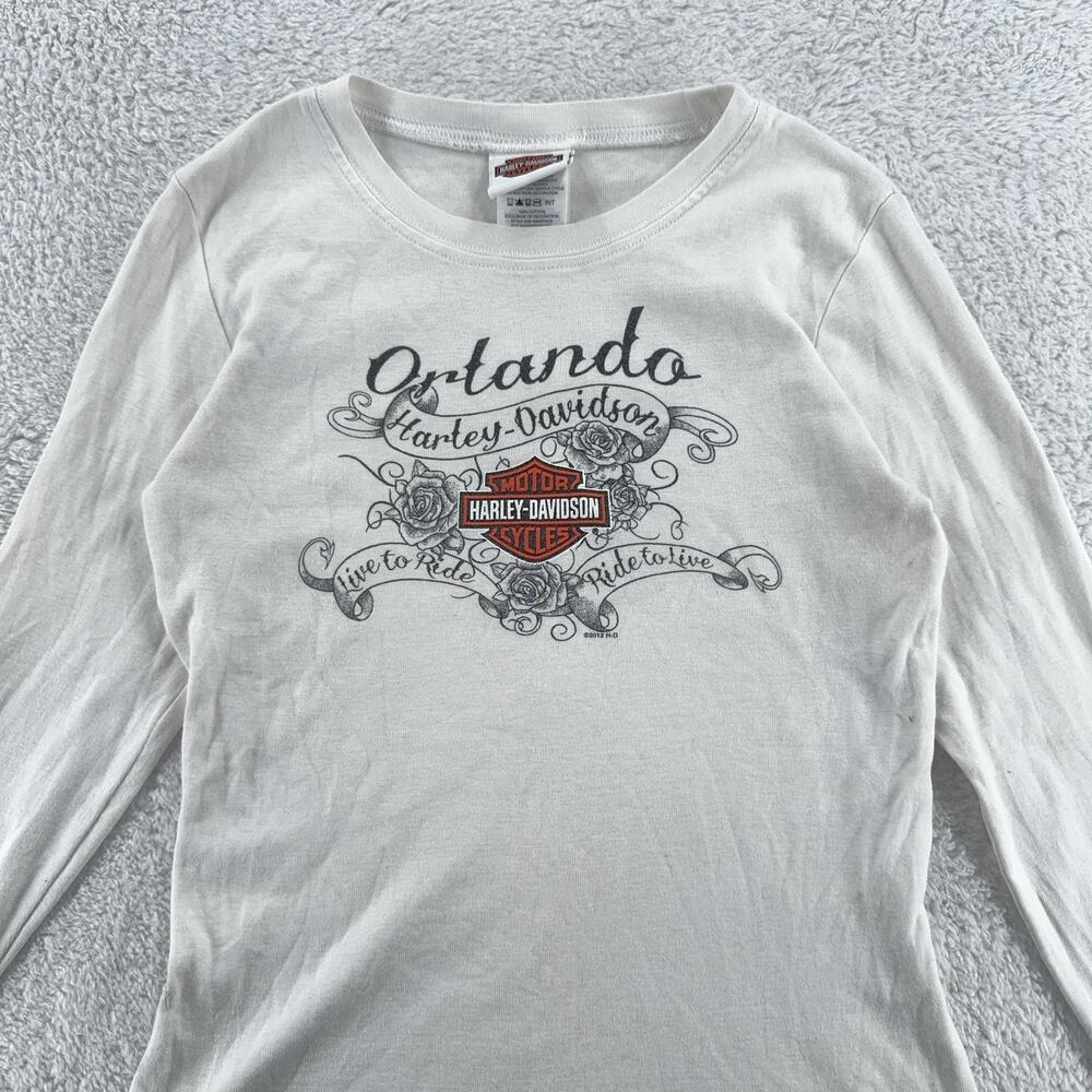 Harley-Davidson Shirt Womens Small White Long Sleeve Orlando Made USA Graphic